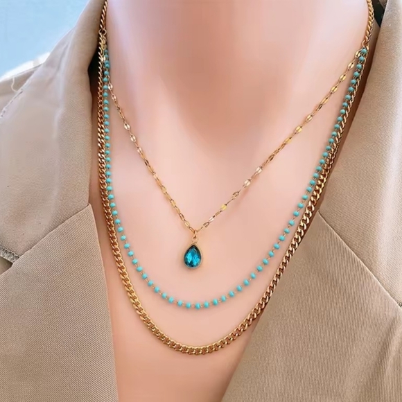 Jewelry - 18 KT Gold Over Titanium Blue Touquoise Layered Necklace